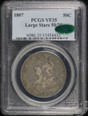 Obverse of this 1807 Capped Bust Half Dollar Large Stars 50/20 PCGS VF-35 CAC
