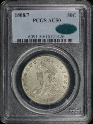 Obverse of this 1808/7 Capped Bust Half Dollar PCGS AU-50 CAC