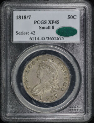 Obverse of this 1818/7 Capped Bust Half Dollar Small 8 PCGS XF-45 CAC