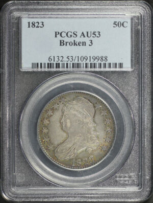 Obverse of this 1823 Capped Bust Half Dollar Broken 3 PCGS AU-53