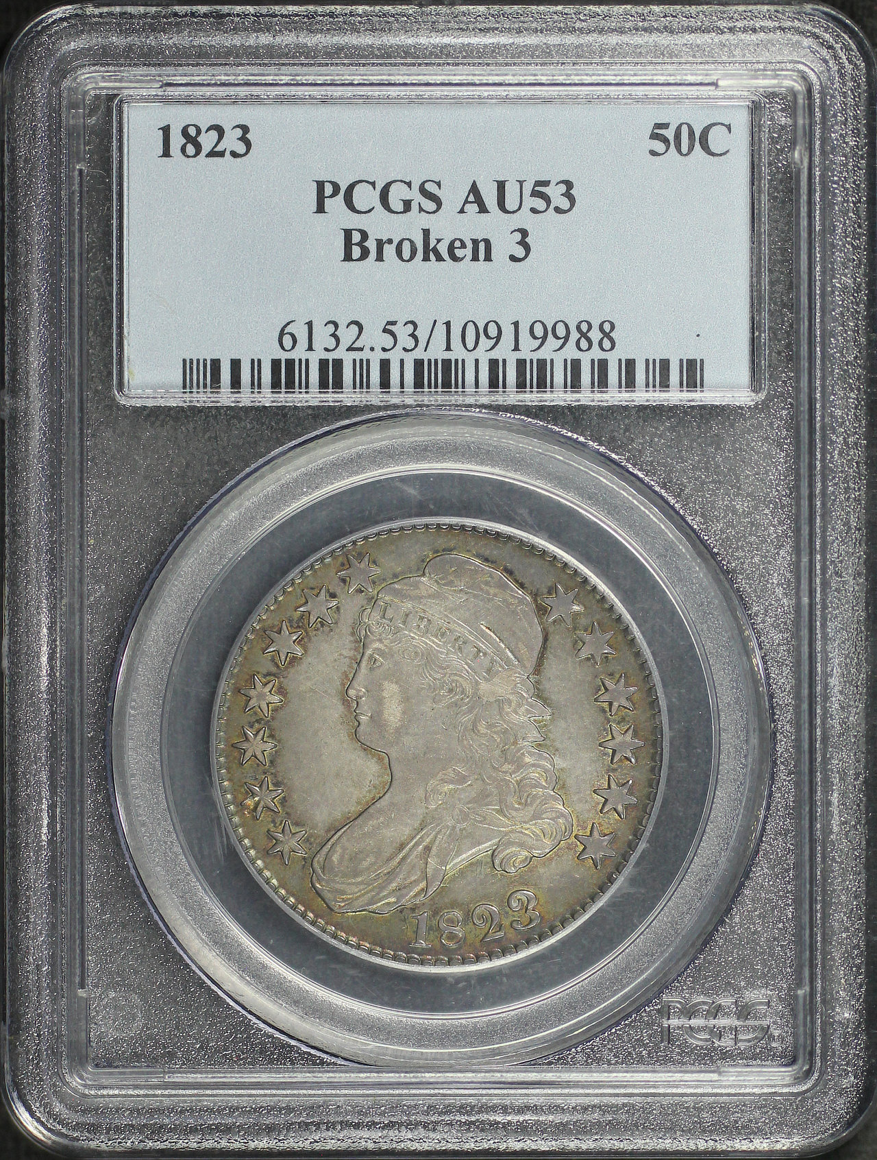 Obverse of this 1823 Capped Bust Half Dollar Broken 3 PCGS AU-53