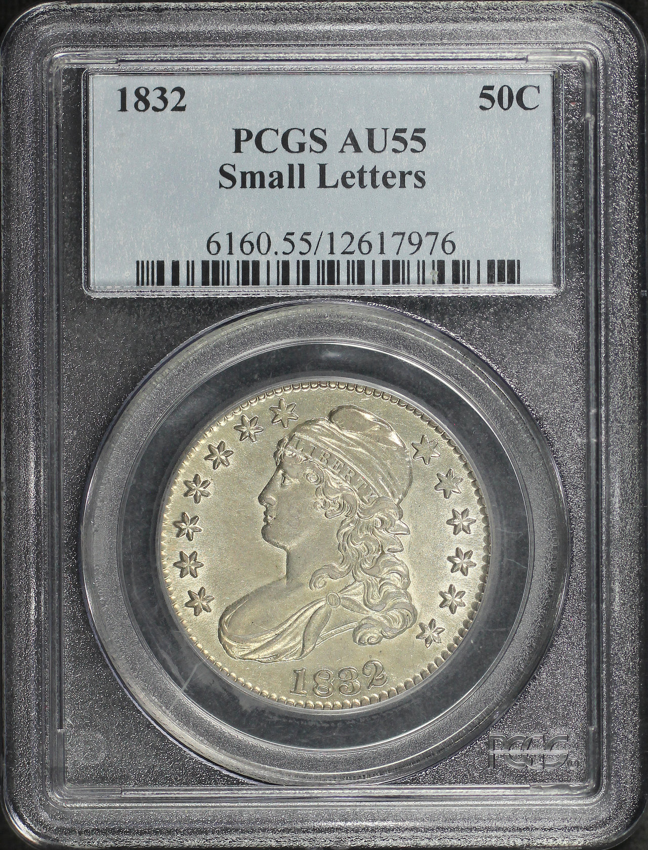 Obverse of this 1832 Capped Bust Half Dollar Small Letters PCGS AU-55