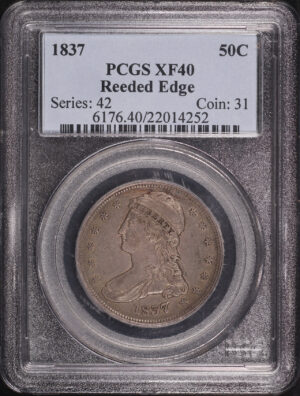 Obverse of this 1837 Reeded Edge Capped Bust Half Dollar PCGS XF-40