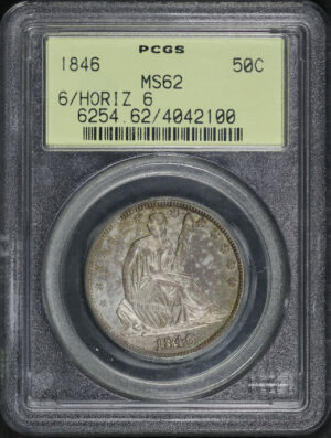 Obverse of this 1846 Liberty Seated Half Dollar 6/Horizontal 6 PCGS MS-62 Old Green Holder