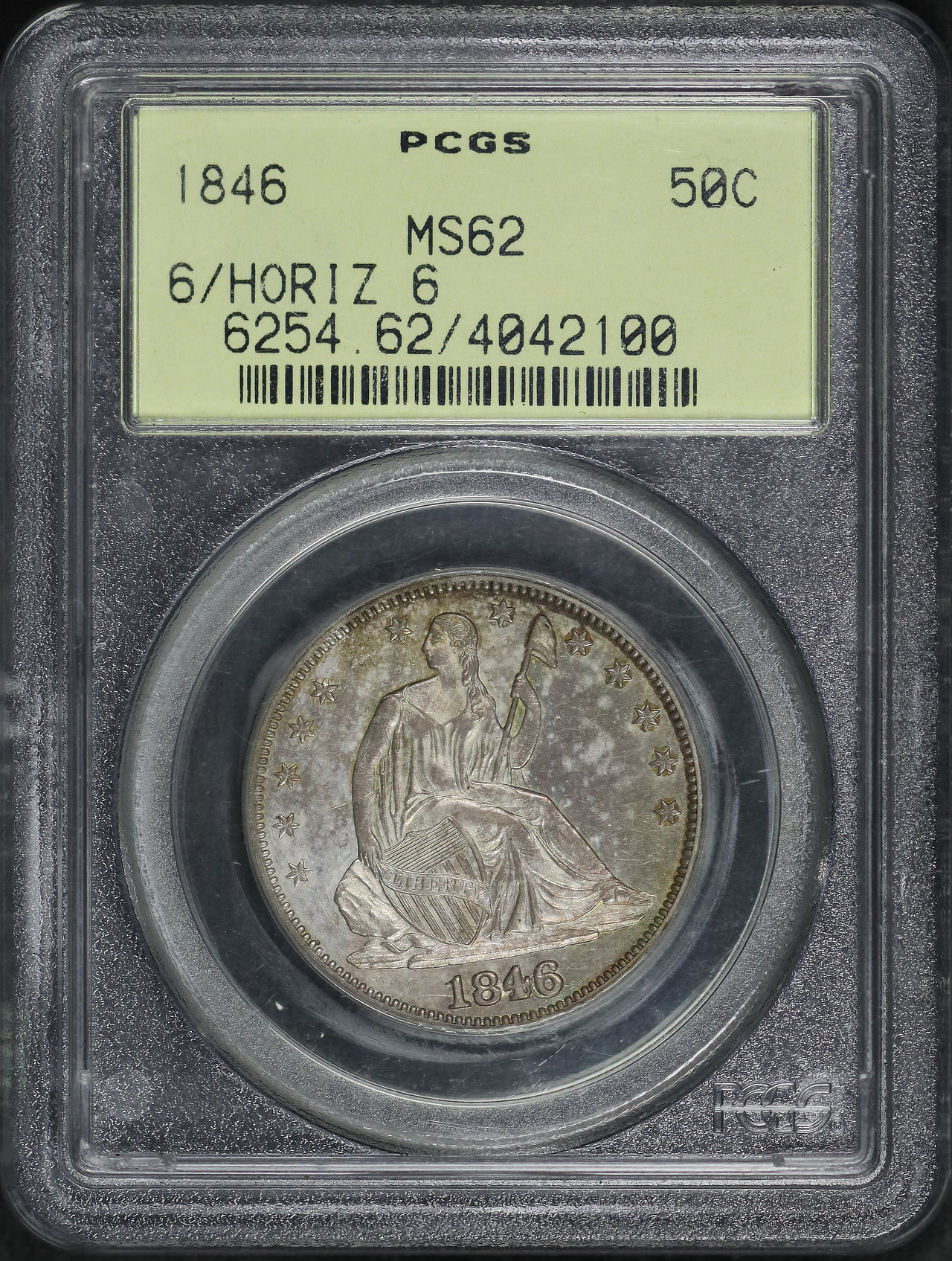 Obverse of this 1846 Liberty Seated Half Dollar 6/Horizontal 6 PCGS MS-62 Old Green Holder