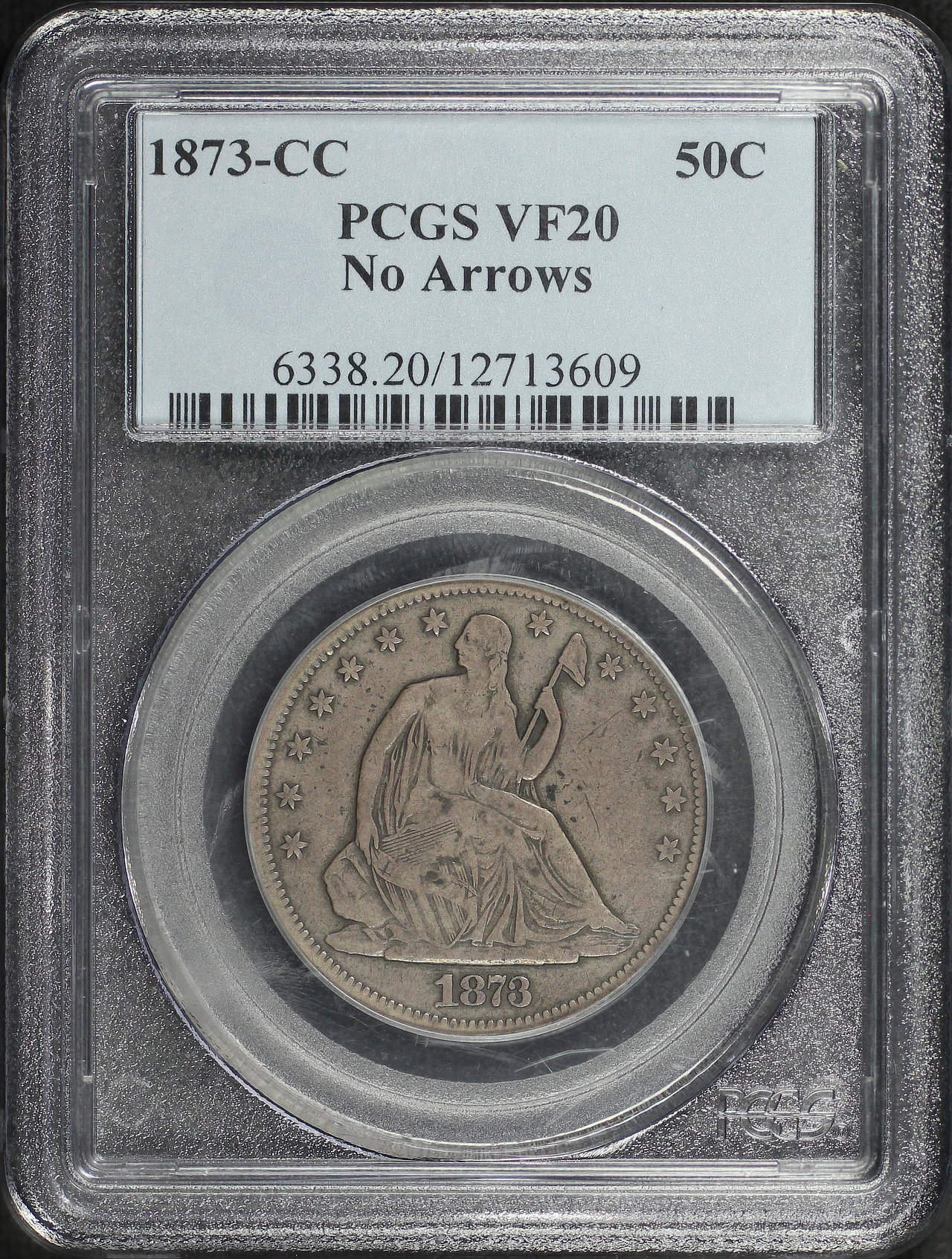 Obverse of this 1873-CC Liberty Seated Half Dollar No Arrows PCGS VF-20