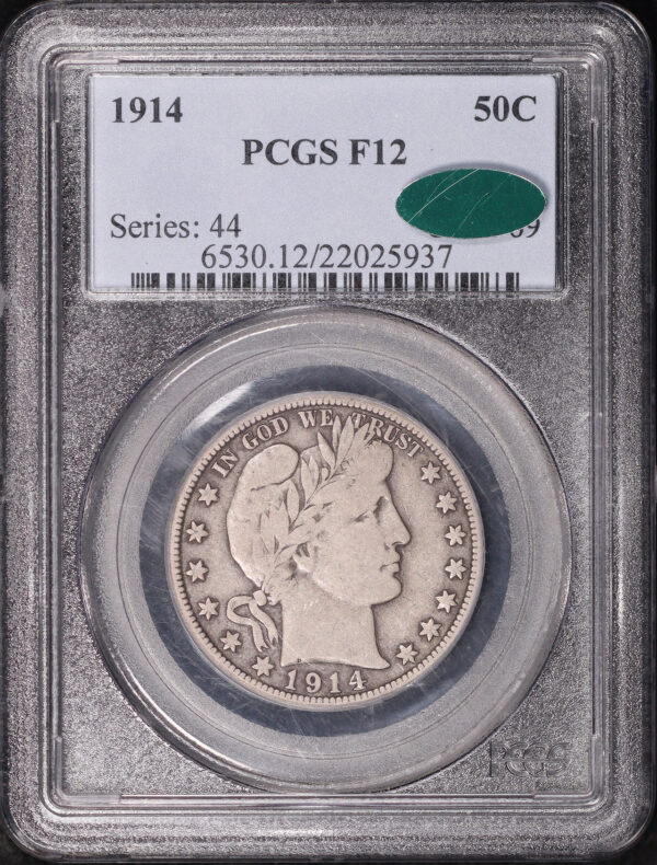 Obverse of this 1914 Barber Half Dollar PCGS F-12 CAC