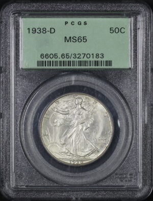 Obverse of this 1938-D Walking Liberty Half Dollar PCGS MS-65 Old Green Holder 