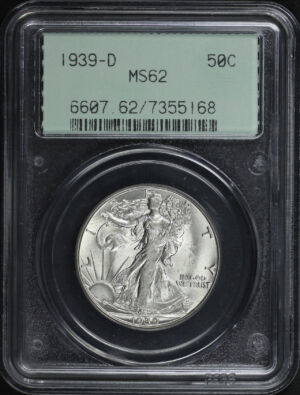 Obverse of this 1939-D Walking Liberty Half Dollar PCGS MS-62 Old Green Gasket Holder