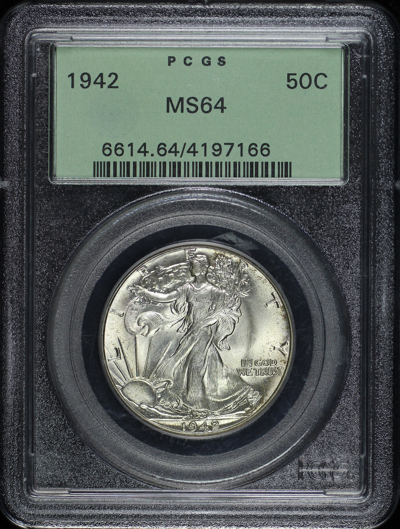 Obverse of this 1942 Walking Liberty Half Dollar PCGS MS-64 Old Green Holder