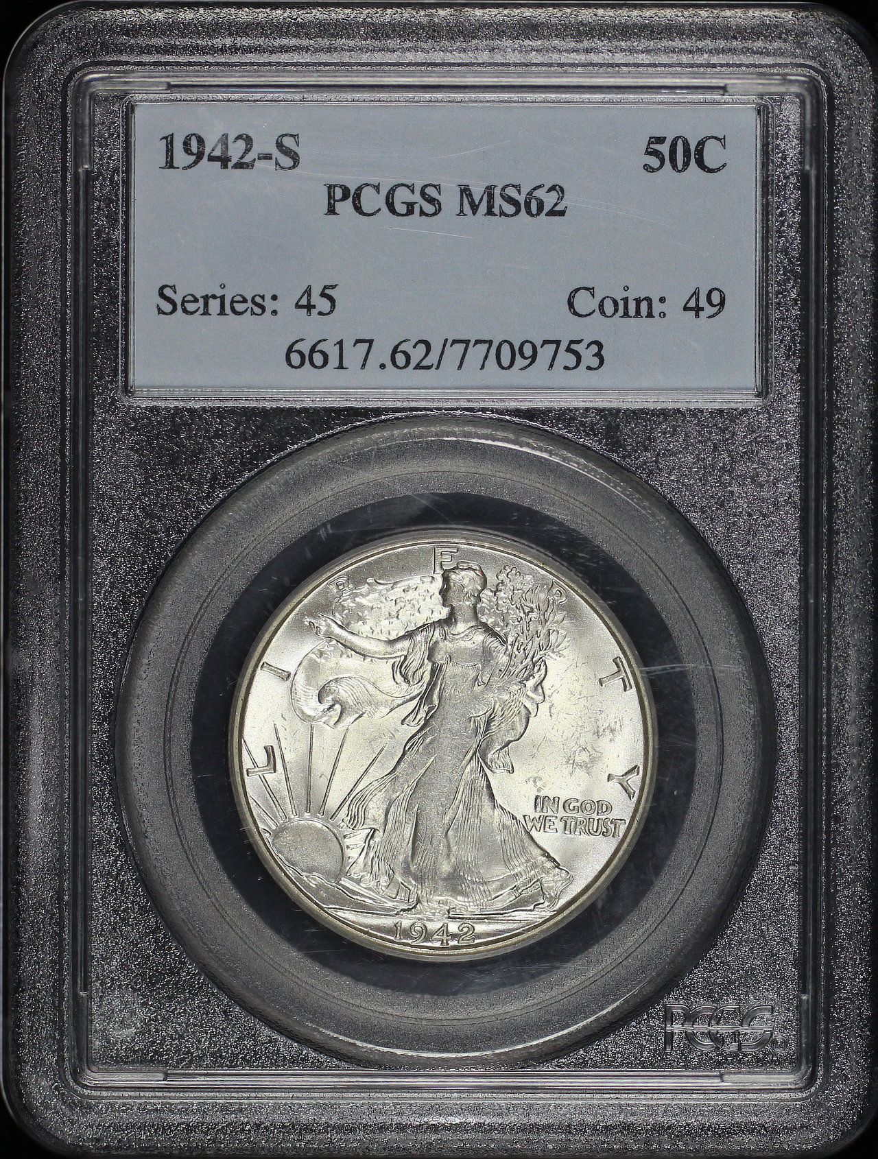 Obverse of this 1942-S Walking Liberty Half Dollar PCGS MS-62