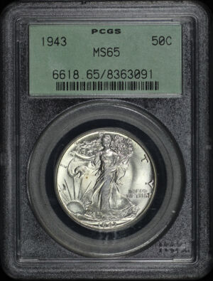 Obverse of this 1943 Walking Liberty Half Dollar PCGS MS-65 Old Green Holder