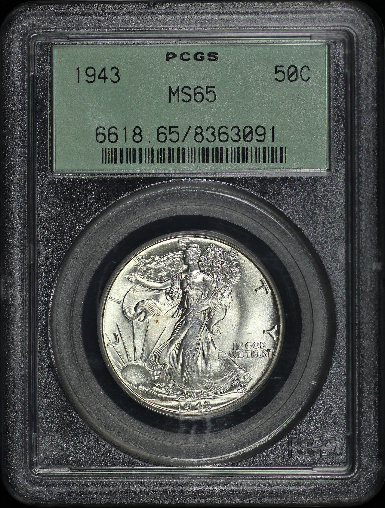 Obverse of this 1943 Walking Liberty Half Dollar PCGS MS-65 Old Green Holder
