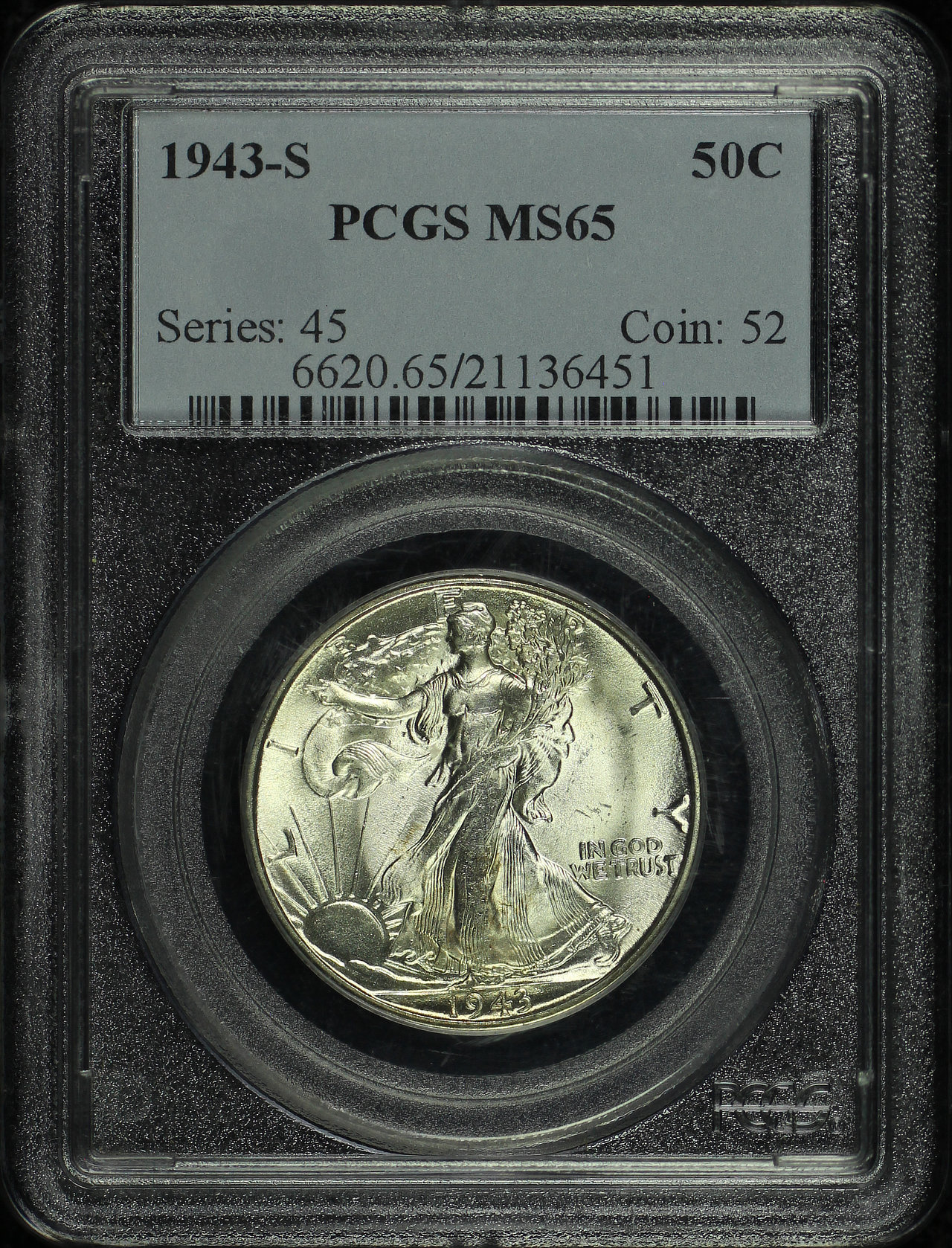 Obverse of this 1943-S Walking Liberty Half Dollar PCGS MS-65