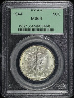 Obverse of this 1944 Walking Liberty Half Dollar PCGS MS-64 Old Green Holder 