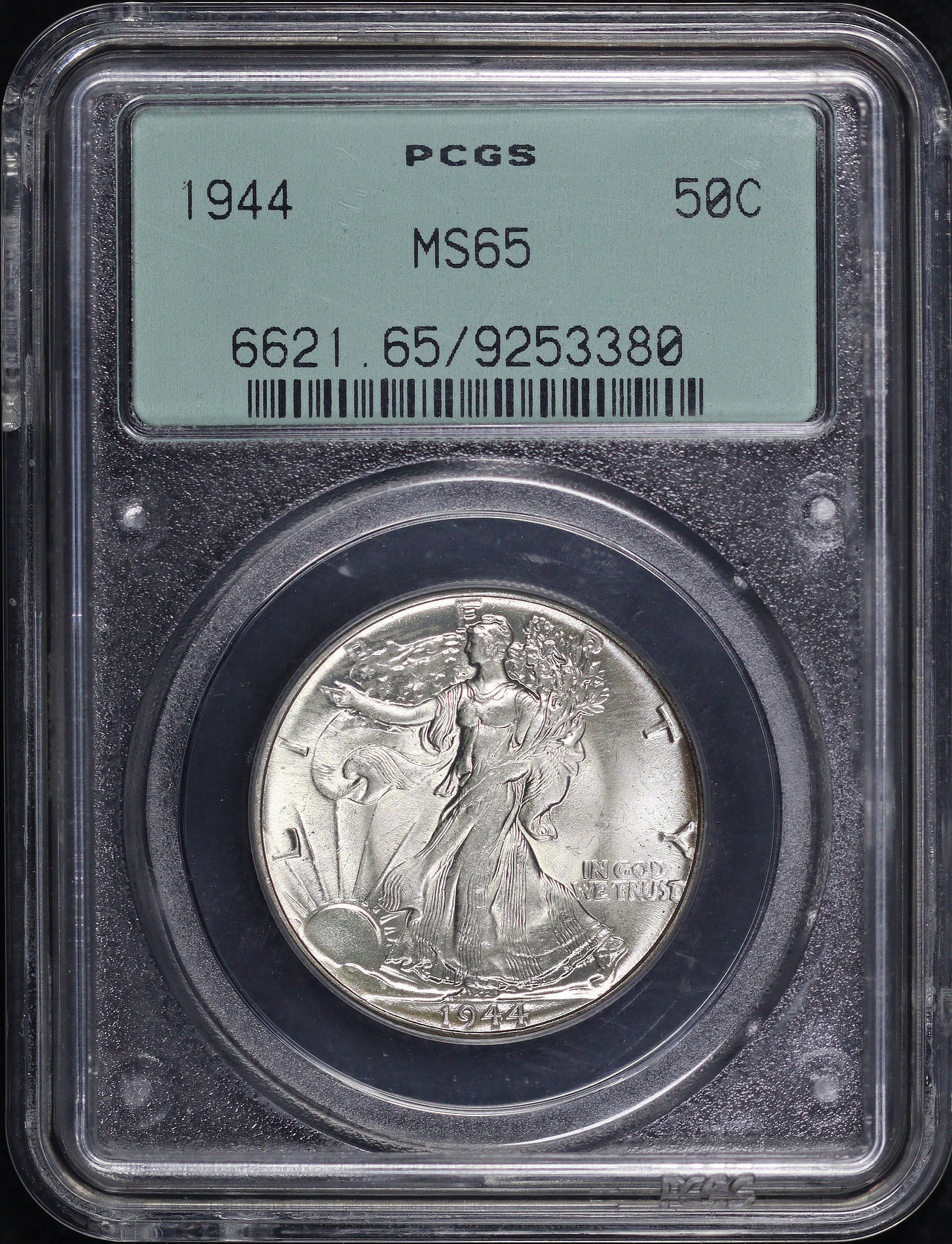 Obverse of this 1944 Walking Liberty Half Dollar PCGS MS-65 Old Green Gasket Holder