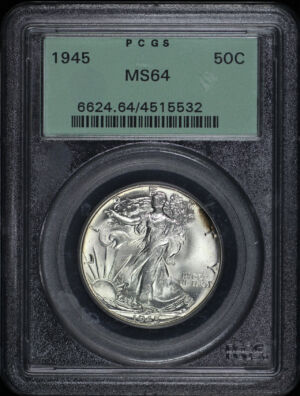 Obverse of this 1945 Walking Liberty Half Dollar PCGS MS-64 Old Green Holder