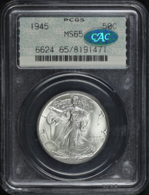 Obverse of this 1945 Walking Liberty Half Dollar PCGS MS-65 CAC Doily Holder