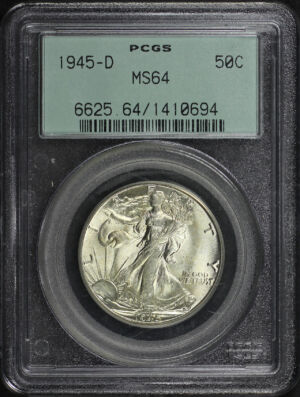 Obverse of this 1945-D Walking Liberty Half Dollar PCGS MS-64 Old Green Holder