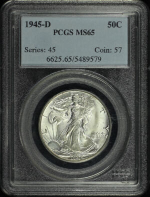 Obverse of this 1945-D Walking Liberty Half Dollar PCGS MS-65