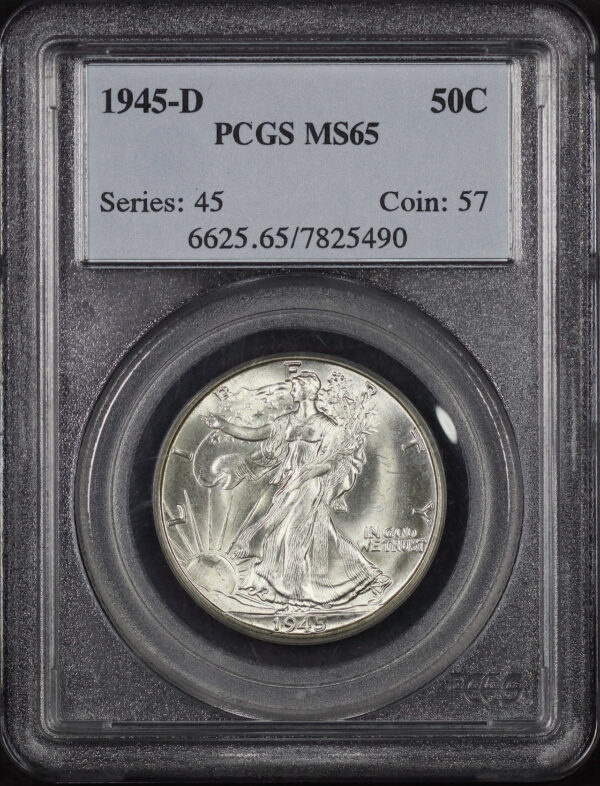 Obverse of this 1945-D Walking Liberty Half Dollar PCGS MS-65