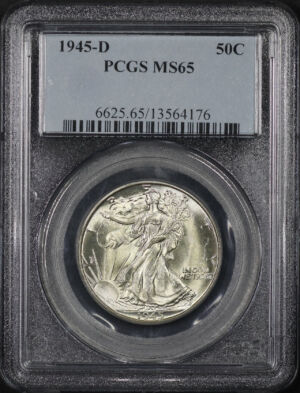 Obverse of this 1945-D Walking Liberty Half Dollar PCGS MS-65