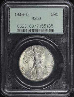 Obverse of this 1946-D Walking Liberty Half Dollar PCGS MS-63 Old Green Gasket Holder
