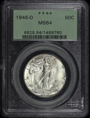 Obverse of this 1946-D Walking Liberty Half Dollar PCGS MS-64 Old Green Holder