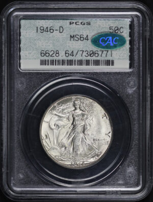Obverse of this 1946-D Walking Liberty Half Dollar PCGS MS-64 CAC Doily Label