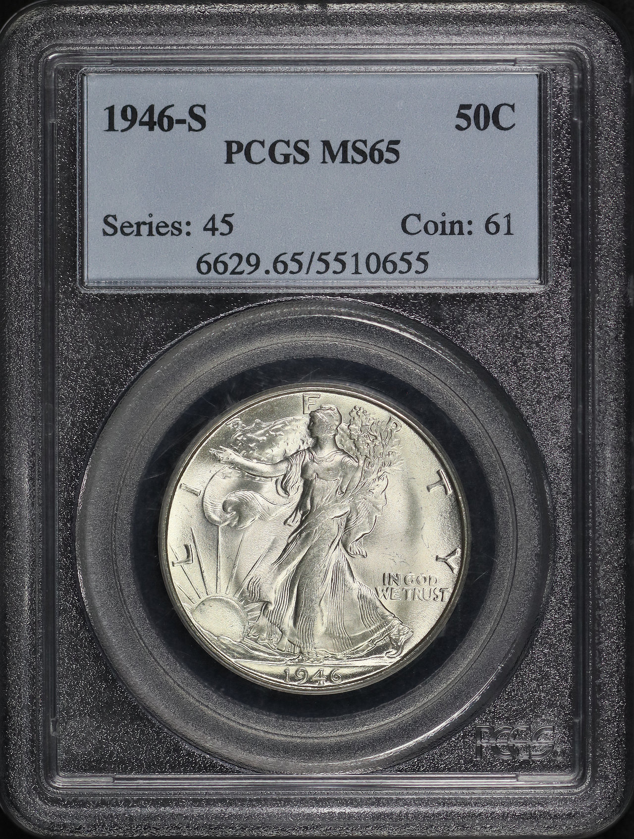 Obverse of this 1946-S Walking Liberty Half Dollar PCGS MS-65