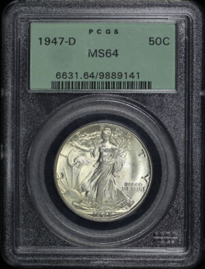 Obverse of this 1947-D Walking Liberty Half Dollar PCGS MS-64 Old Green Holder