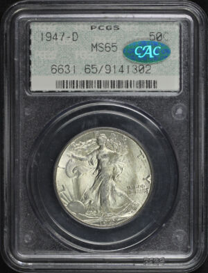 Obverse of this 1947-D Walking Liberty Half Dollar PCGS MS-65 CAC Doily Holder
