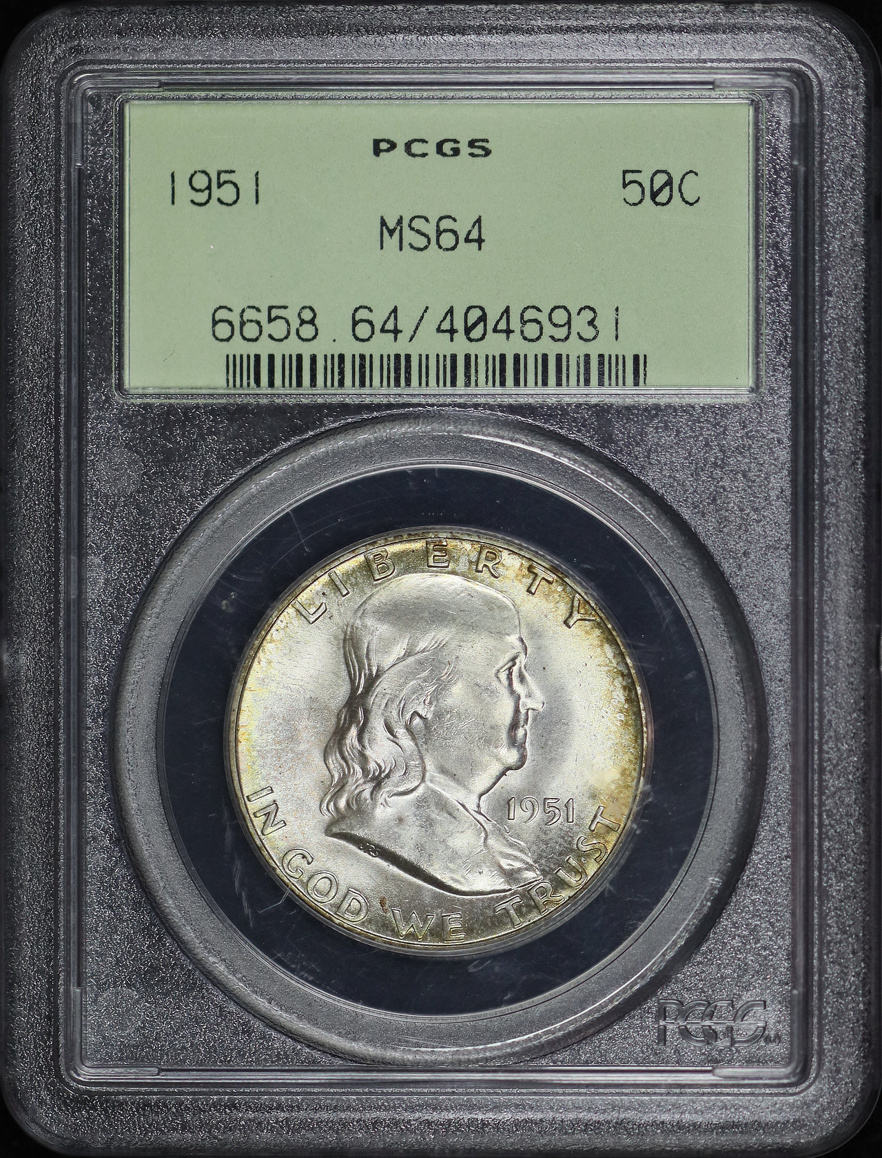 Obverse of this 1951 Franklin Half Dollar PCGS MS-64 Old Green Holder