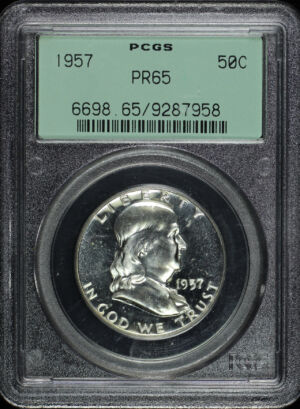 Obverse of this 1957 Franklin Half Dollar PCGS PR-65 Old Green Holder