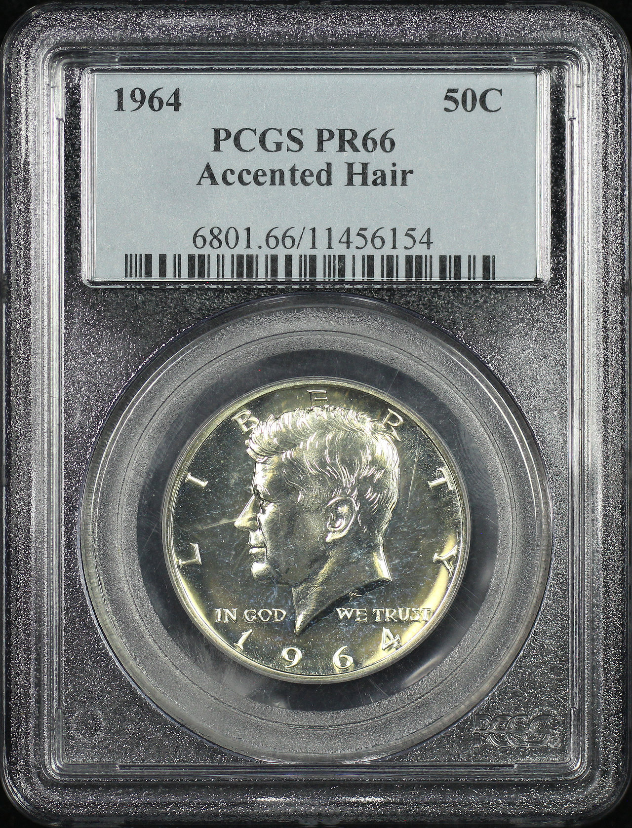 Obverse of this 1964 Accented Hair Kennedy Half Dollar PCGS PR-66