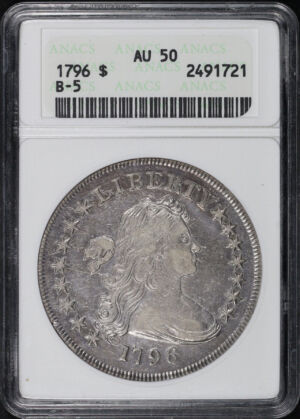 Obverse of this 1796 Large Date, Small Letters Draped Bust Dollar B-5 ANACS AU-50 First Generation Holder