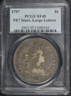 Obverse of this 1797 Draped Bust Dollar 9×7 Stars, Large Letters PCGS XF-45