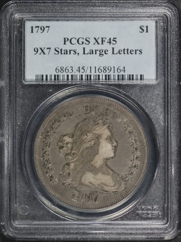 Obverse of this 1797 Draped Bust Dollar 9×7 Stars, Large Letters PCGS XF-45