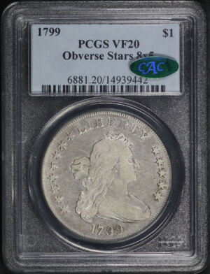 Obverse of this 1799 Draped Bust Dollar 8×5 Stars PCGS VF-20 CAC
