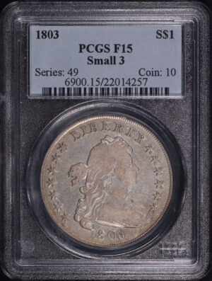 Obverse of this 1803 Small 3 Draped Bust Dollar PCGS F-15