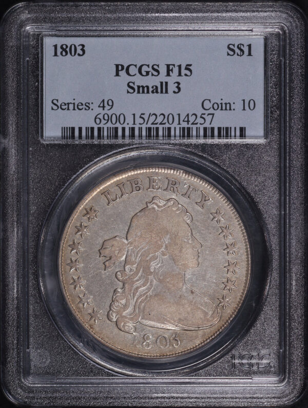 Obverse of this 1803 Small 3 Draped Bust Dollar PCGS F-15