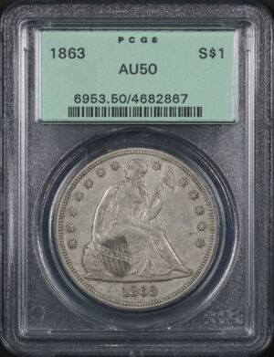 Obverse of this 1863 Liberty Seated Dollar PCGS AU-50 Old Green Holder