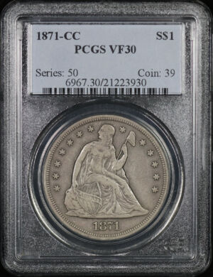Obverse of this 1871-CC Liberty Seated Dollar PCGS VF-30