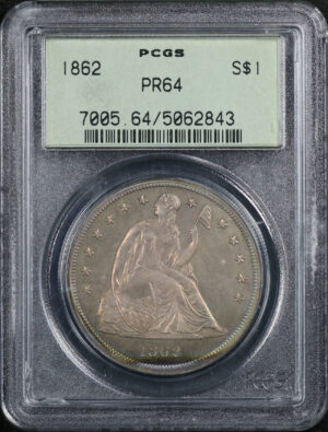 Obverse of this 1862 Liberty Seated Dollar PCGS PR-64 Old Green Holder