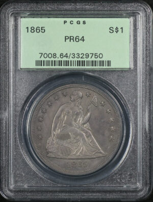 Obverse of this 1865 Liberty Seated Dollar PCGS PR-64 Old Green Holder