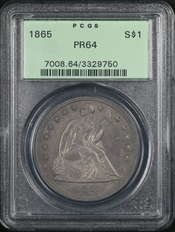 Obverse of this 1865 Liberty Seated Dollar PCGS PR-64 Old Green Holder