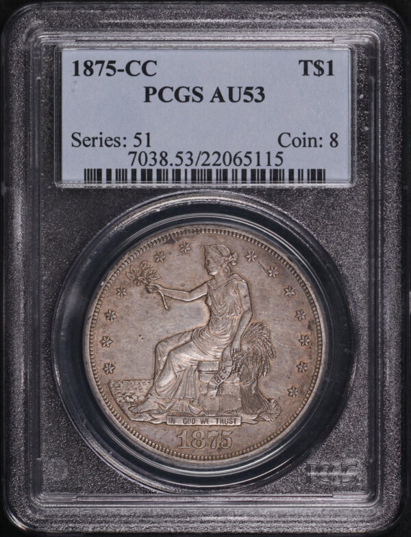 Obverse of this 1875-CC Trade Dollar PCGS AU-53
