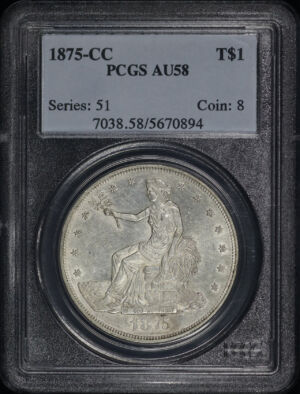 Obverse of this 1875-CC Trade Dollar PCGS AU-58