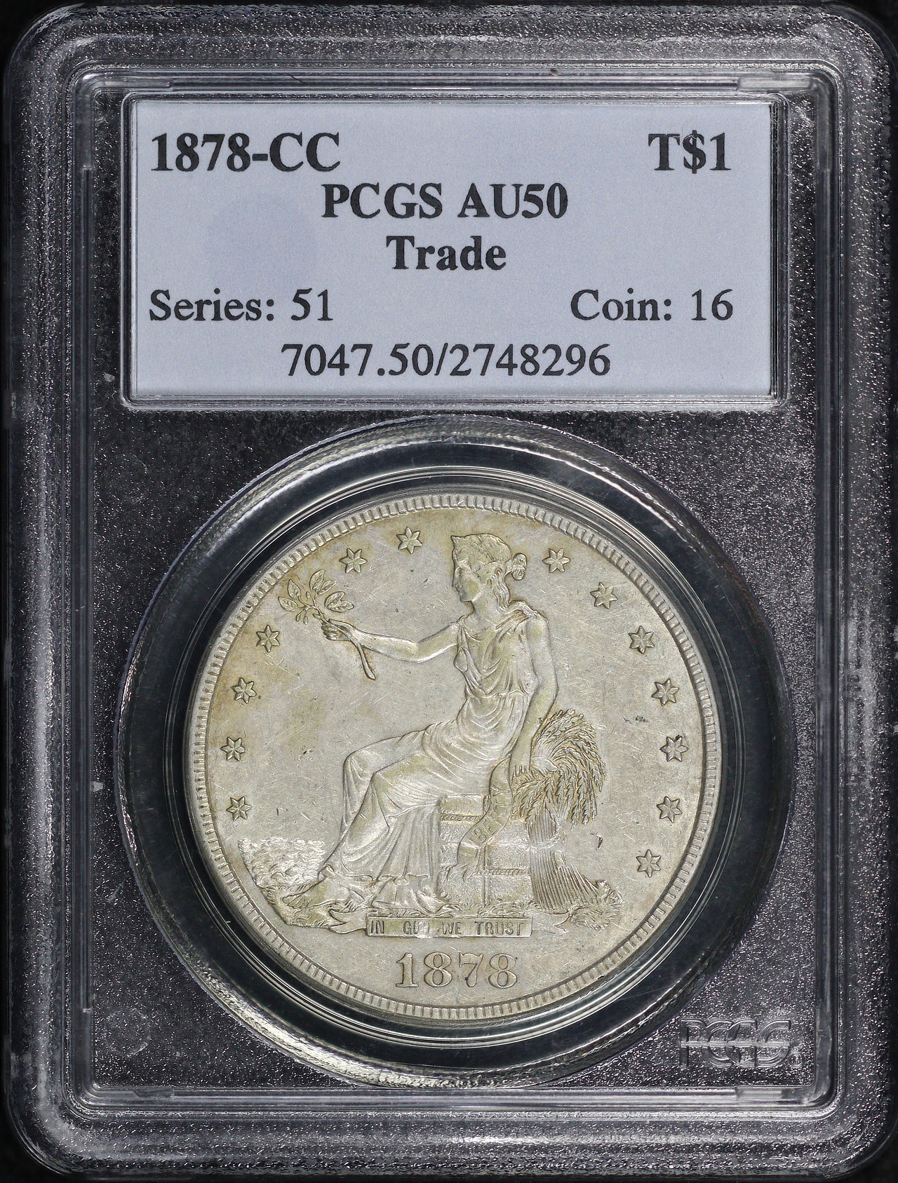 Obverse of this 1878-CC Trade Dollar PCGS AU-50