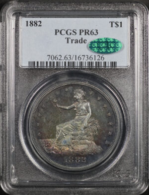 Obverse of this 1882 Trade Dollar PCGS PR-63 CAC Obverse Rainbow Toning